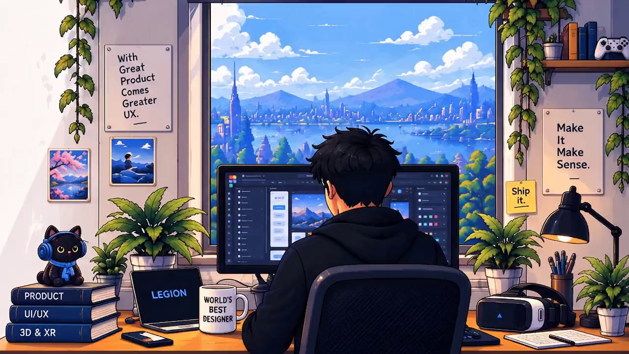 Pixel-art illustration of Akshay at his desk designing on a large monitor, beside a window overlooking a city, with a VR headset, a laptop and books on product, UI/UX and 3D & XR.